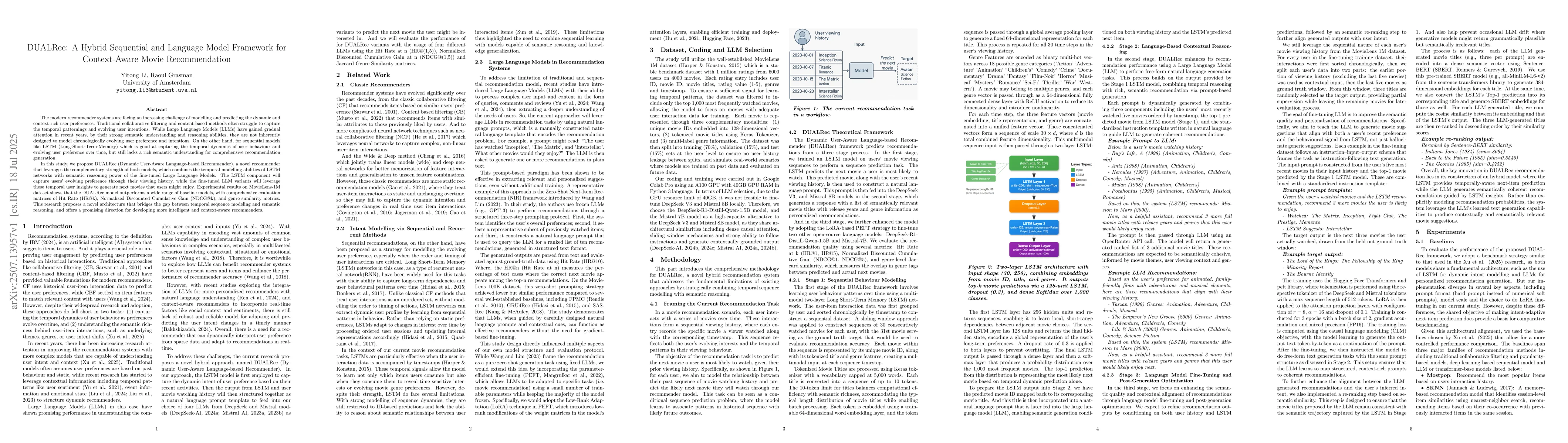 Thumbnail for DUALRec: A Hybrid Sequential and Language Model Framework for
  Context-Aware Movie Recommendation