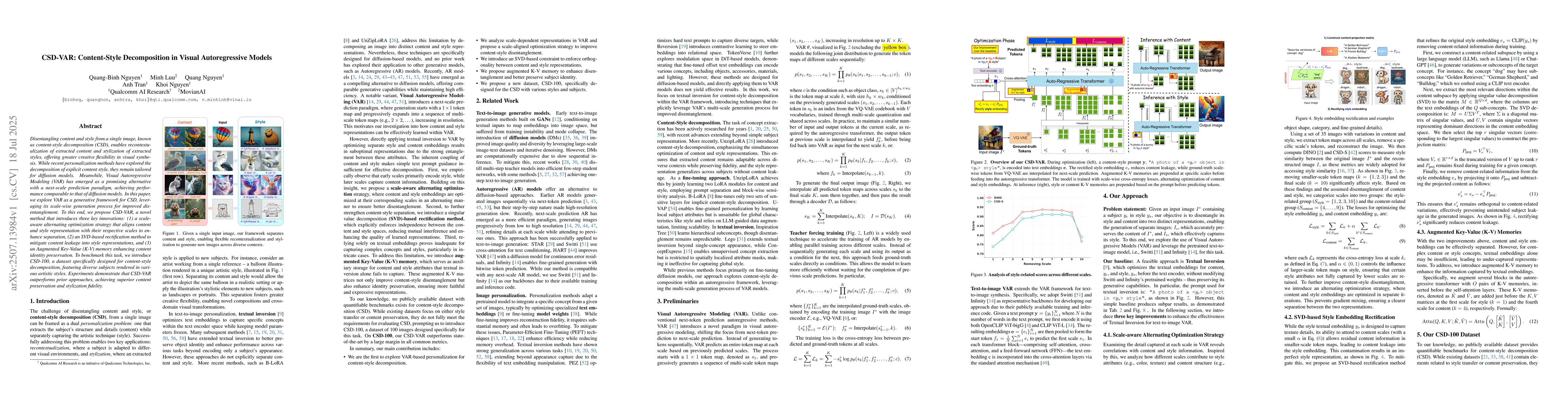 Thumbnail for CSD-VAR: Content-Style Decomposition in Visual Autoregressive Models