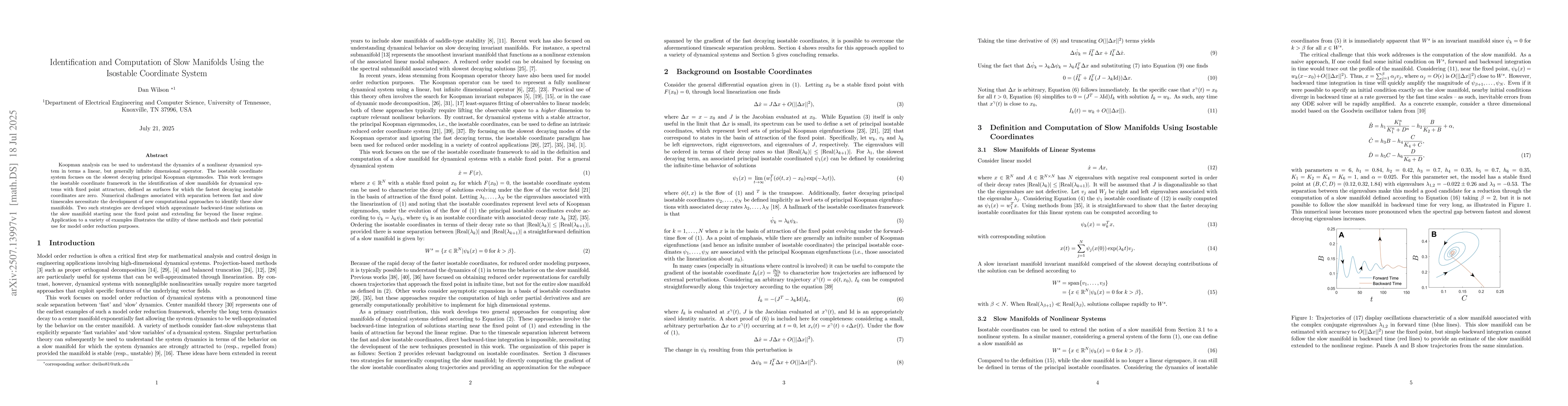 Thumbnail for Identification and Computation of Slow Manifolds Using the Isostable
  Coordinate System