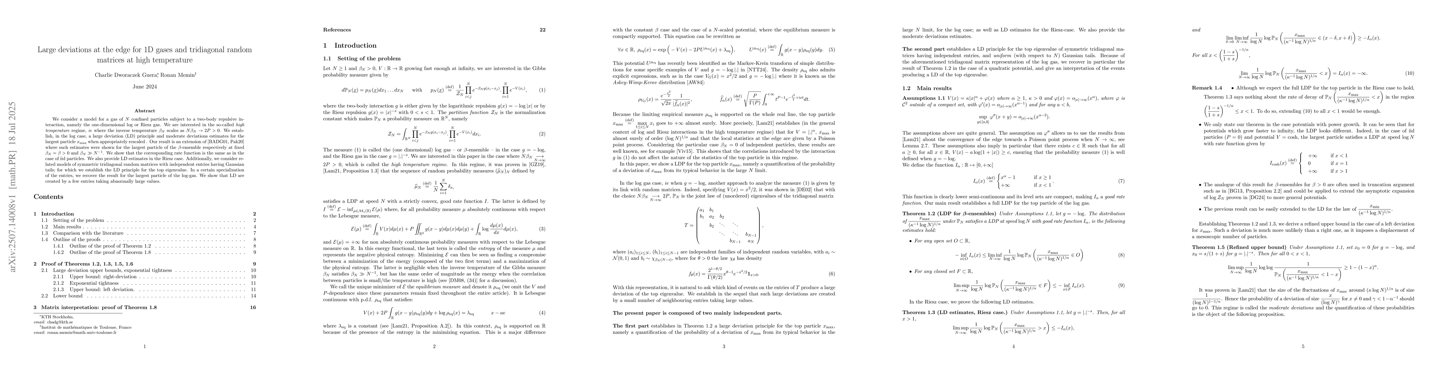 Thumbnail for Large deviations at the edge for 1D gases and tridiagonal random
  matrices at high temperature