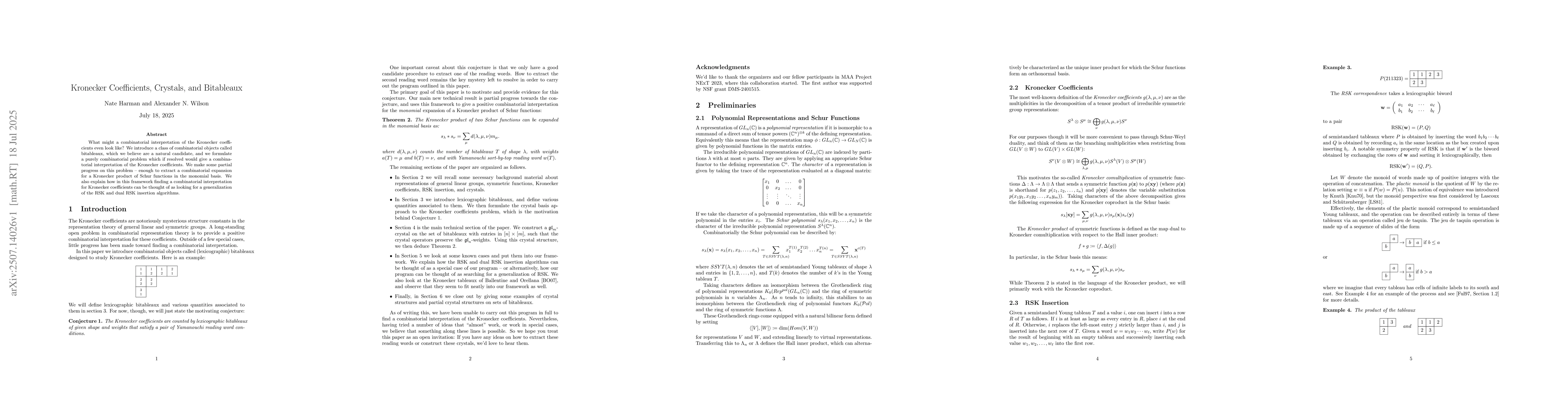 Thumbnail for Kronecker Coefficients, Crystals, and Bitableaux