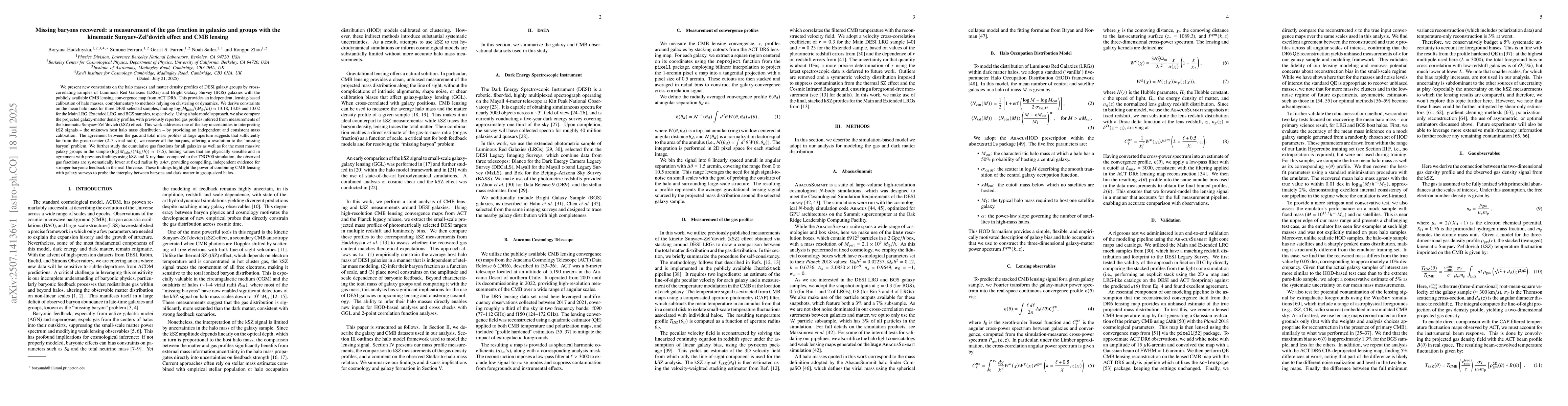 Thumbnail for Missing baryons recovered: a measurement of the gas fraction in galaxies
  and groups with the kinematic Sunyaev-Zel'dovich effect and CMB lensing