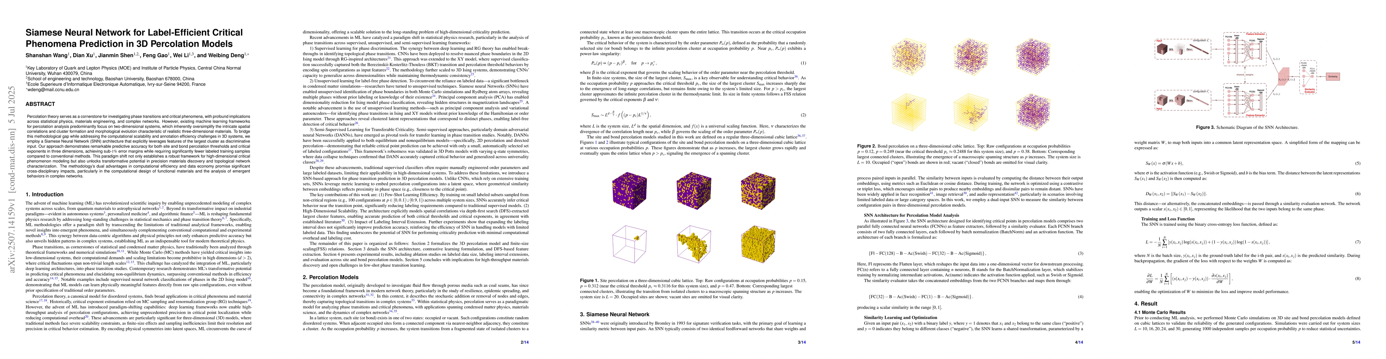 Thumbnail for Siamese Neural Network for Label-Efficient Critical Phenomena Prediction
  in 3D Percolation Models