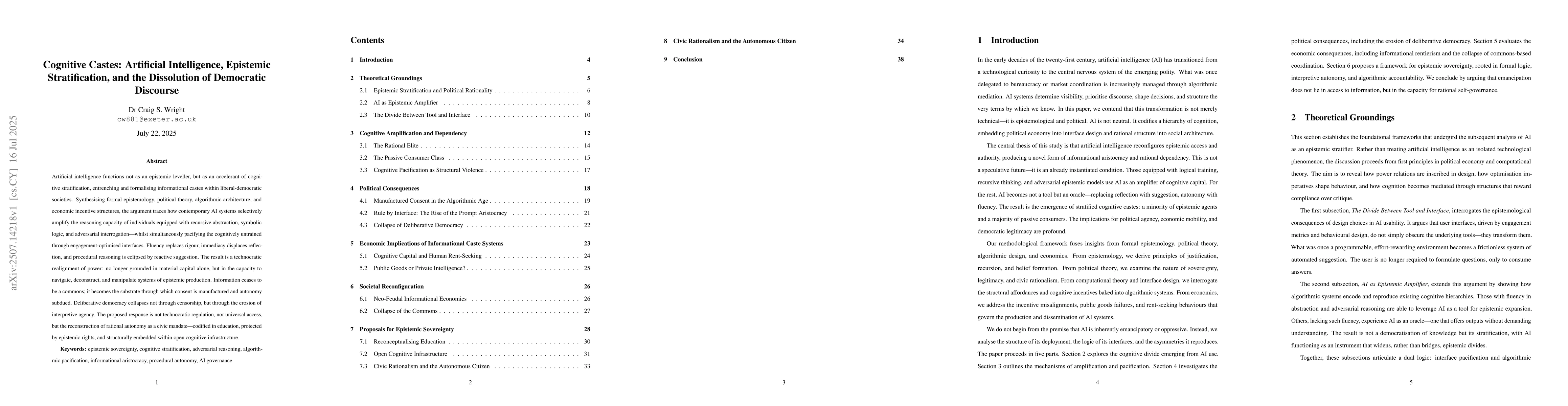 Thumbnail for Cognitive Castes: Artificial Intelligence, Epistemic Stratification, and
  the Dissolution of Democratic Discourse