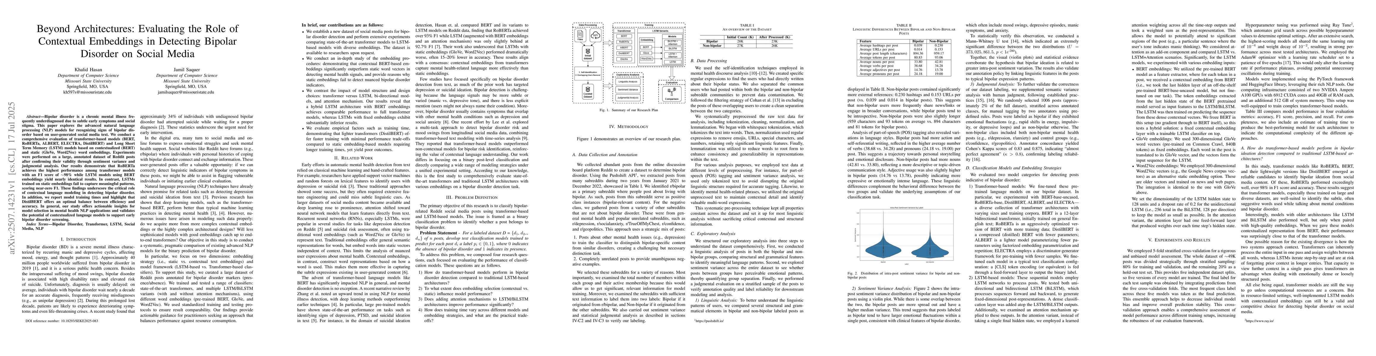 Thumbnail for Beyond Architectures: Evaluating the Role of Contextual Embeddings in
  Detecting Bipolar Disorder on Social Media