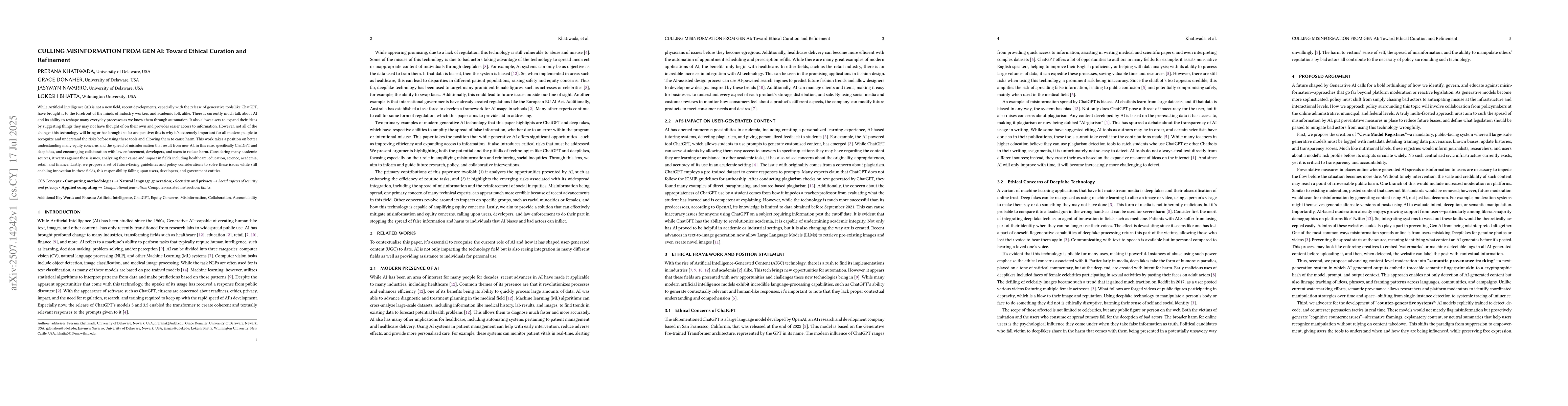 Thumbnail for Culling Misinformation from Gen AI: Toward Ethical Curation and
  Refinement