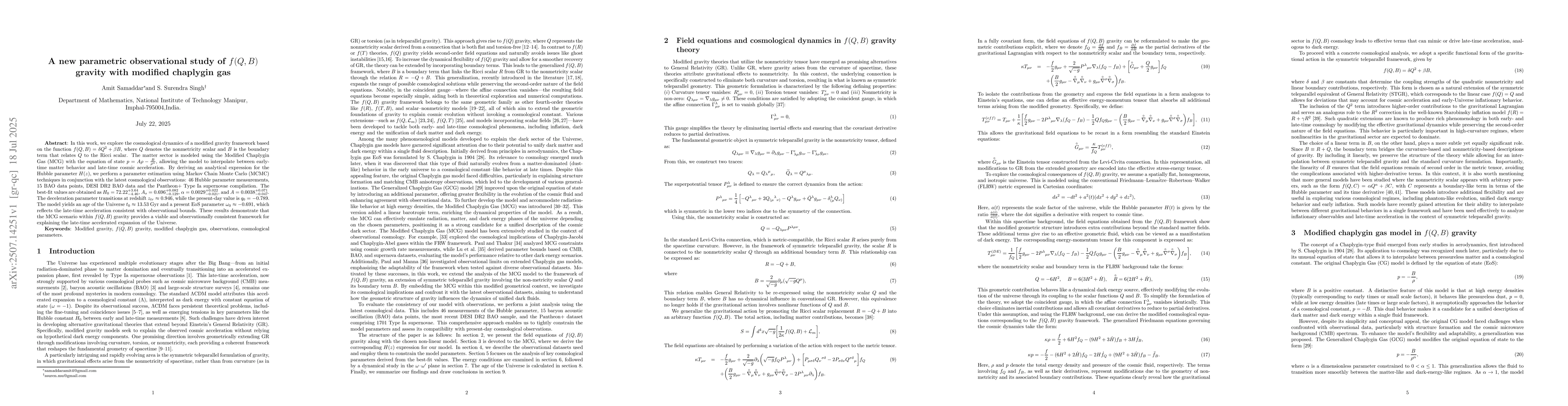 Thumbnail for A new parametric observational study of $f(Q,B)$ gravity with modified
  chaplygin gas