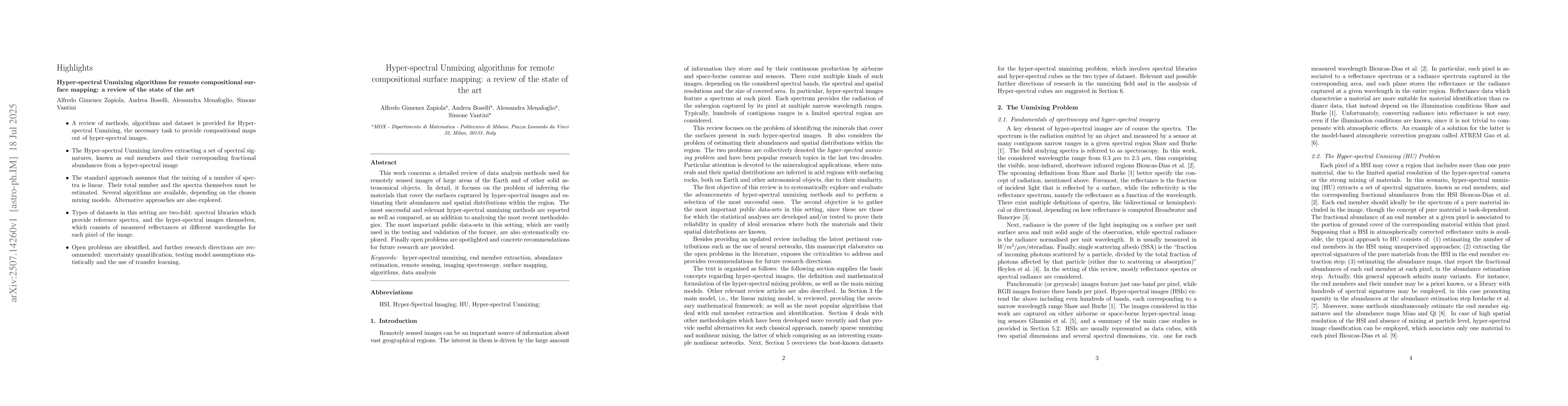 Thumbnail for Hyper-spectral Unmixing algorithms for remote compositional surface
  mapping: a review of the state of the art