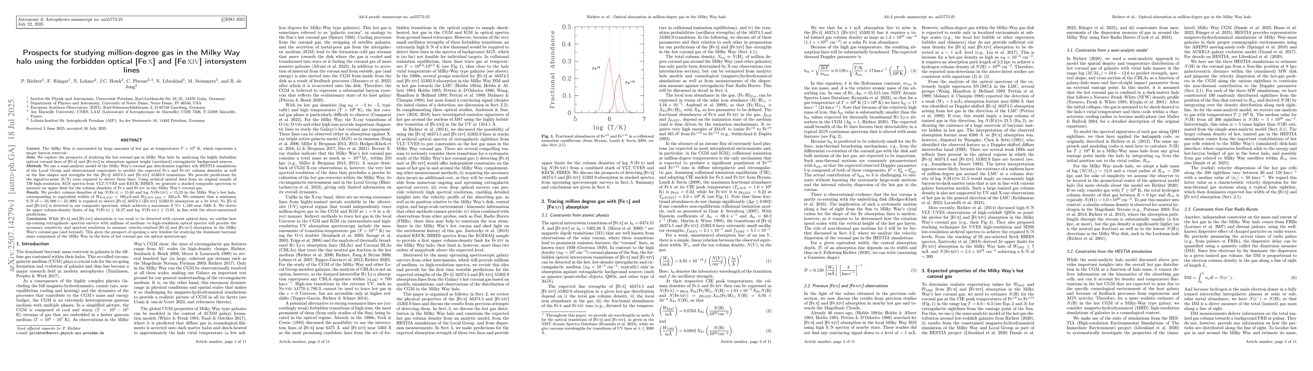 Thumbnail for Prospects for studying million-degree gas in the Milky Way halo using
  the forbidden optical [FeX] and [FeXIV] intersystem lines