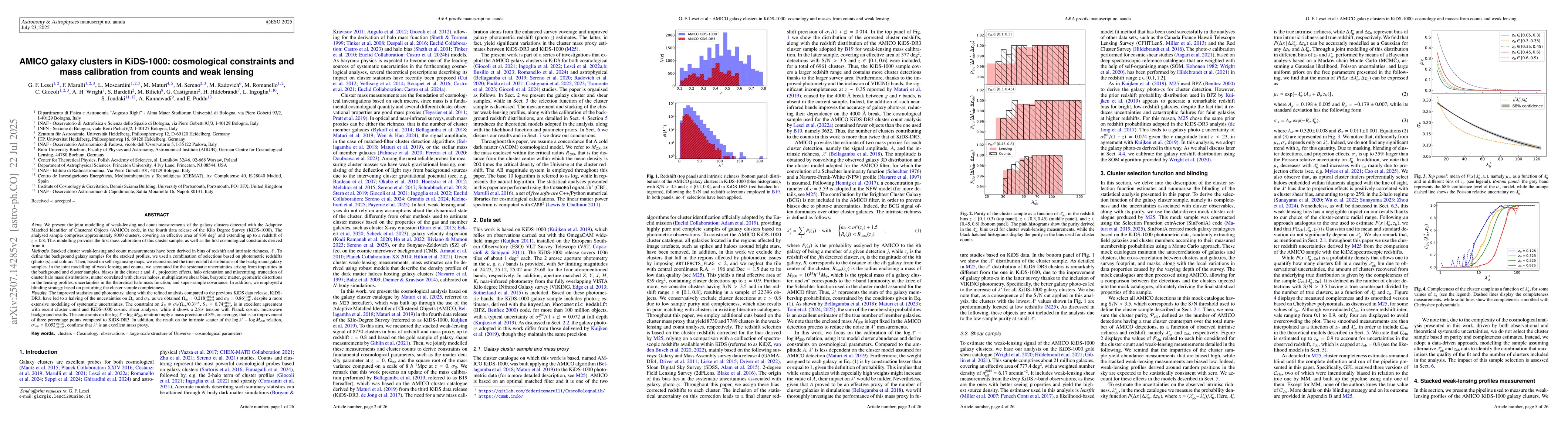 Thumbnail for AMICO galaxy clusters in KiDS-1000: cosmological constraints and mass
  calibration from counts and weak lensing