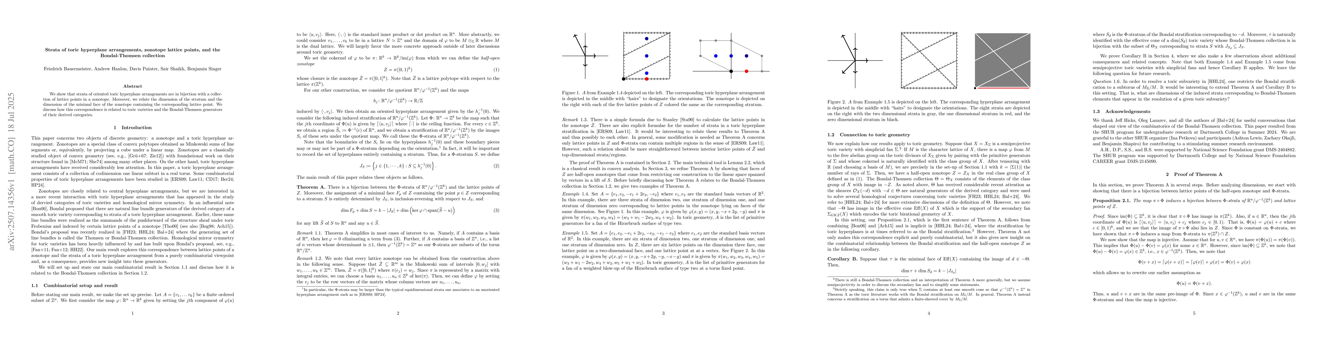 Thumbnail for Strata of toric hyperplane arrangements, zonotope lattice points, and
  the Bondal-Thomsen collection