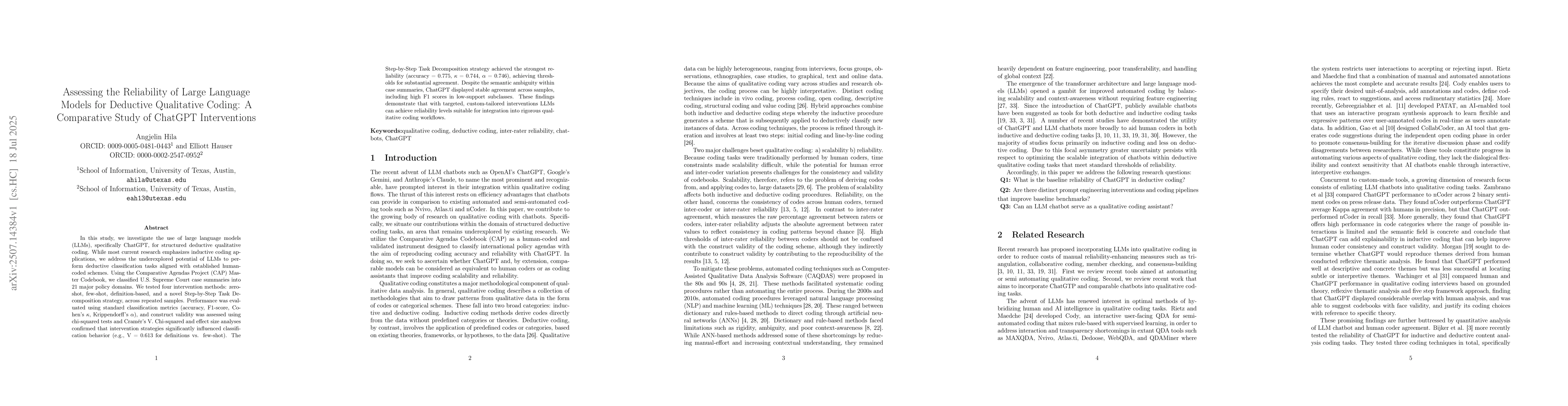 Thumbnail for Assessing the Reliability of Large Language Models for Deductive
  Qualitative Coding: A Comparative Study of ChatGPT Interventions