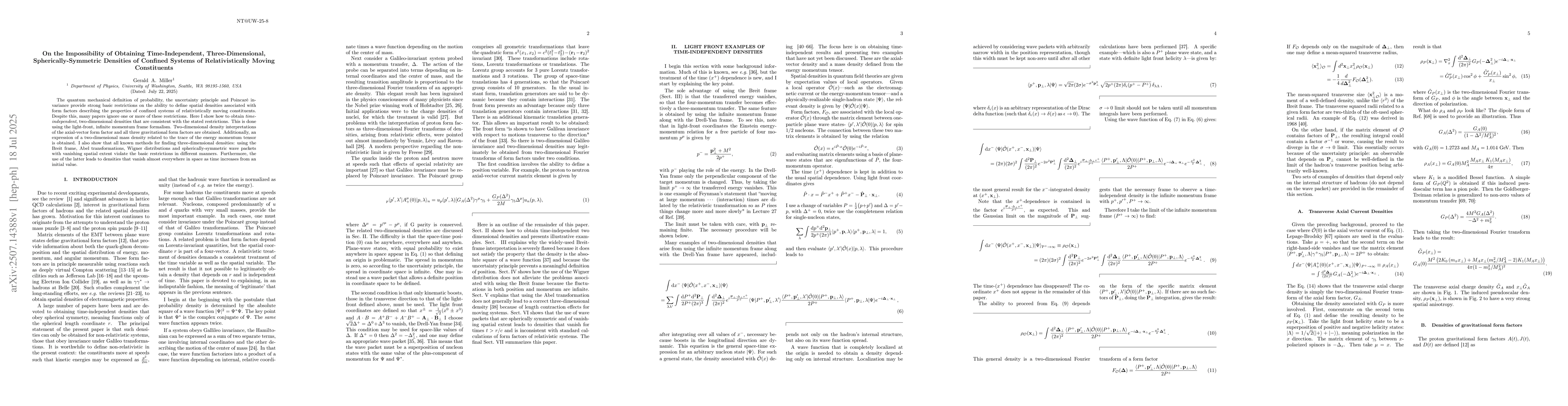 Thumbnail for On the Impossibility of Obtaining Time-Independent, Three-Dimensional,
  Spherically-Symmetric Densities of Confined Systems of Relativistically
  Moving Constituents