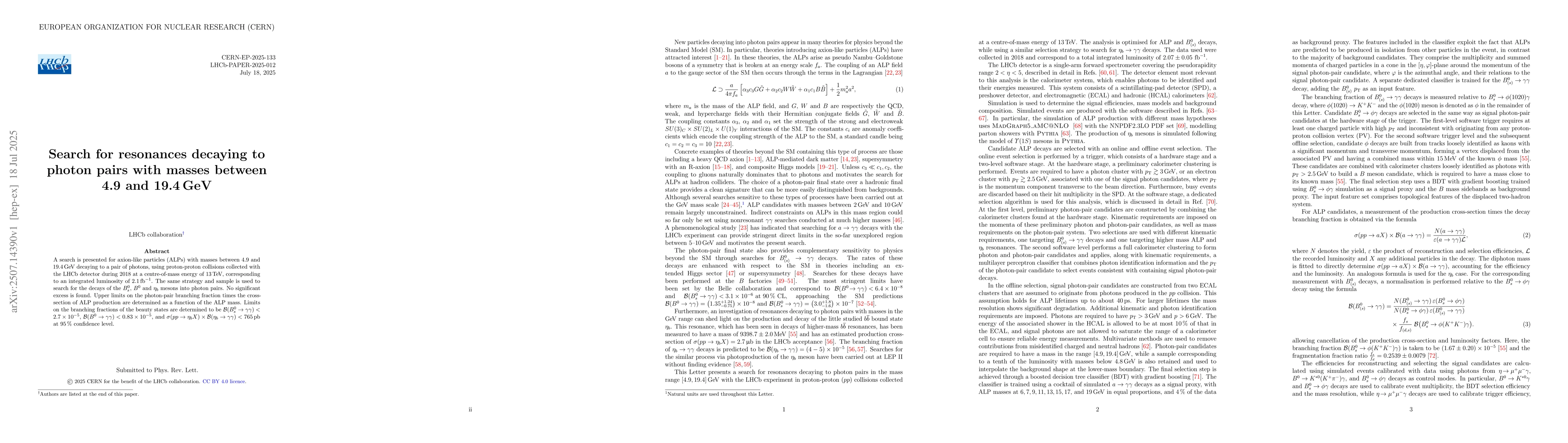 Thumbnail for Search for resonances decaying to photon pairs with masses between 4.9
  and 19.4 GeV
