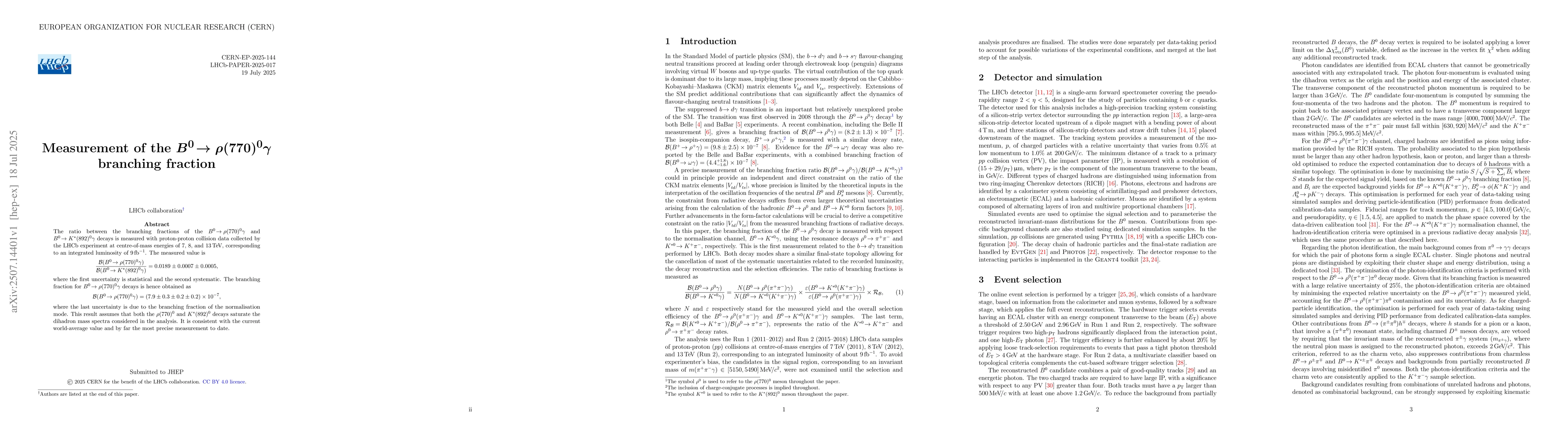 Thumbnail for Measurement of the $B^0\rightarrow ρ(770)^{0}γ$ branching
  fraction