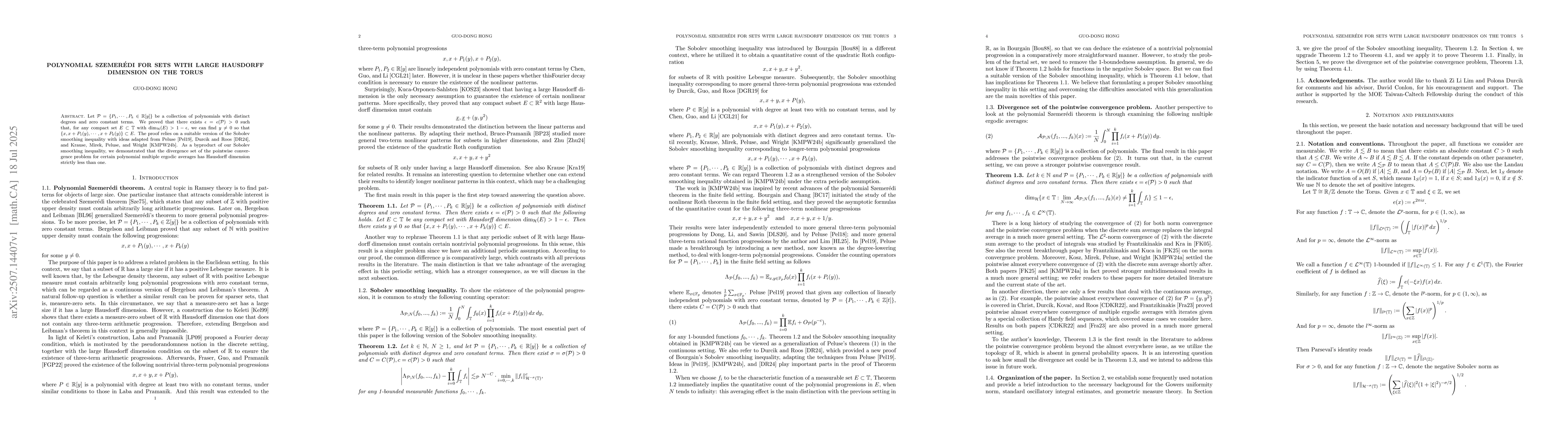 Thumbnail for Polynomial Szemerédi for sets with large Hausdorff dimension on the
  Torus