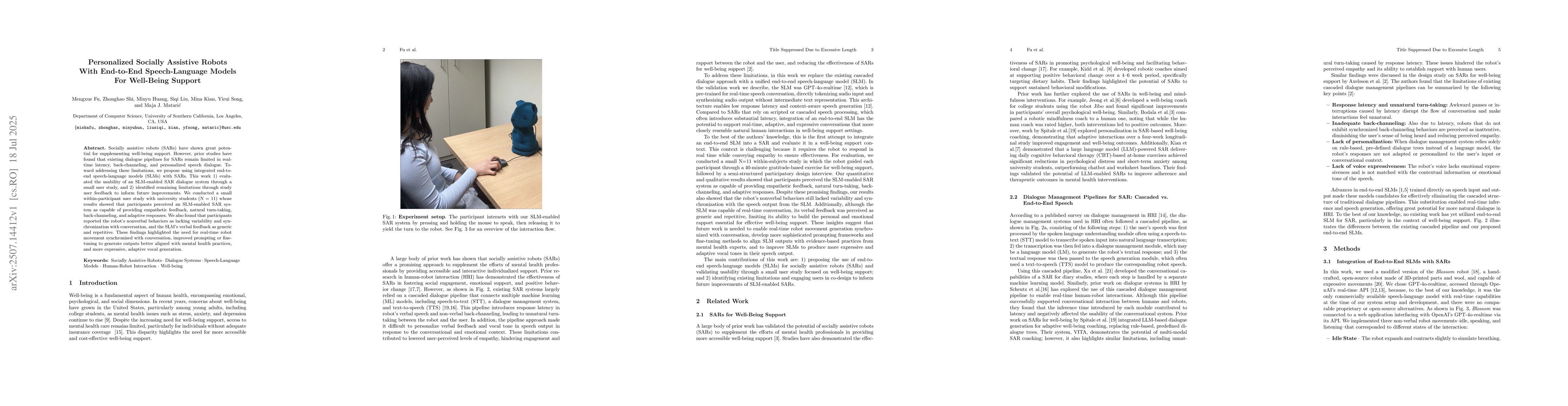 Thumbnail for Personalized Socially Assistive Robots With End-to-End Speech-Language
  Models For Well-Being Support