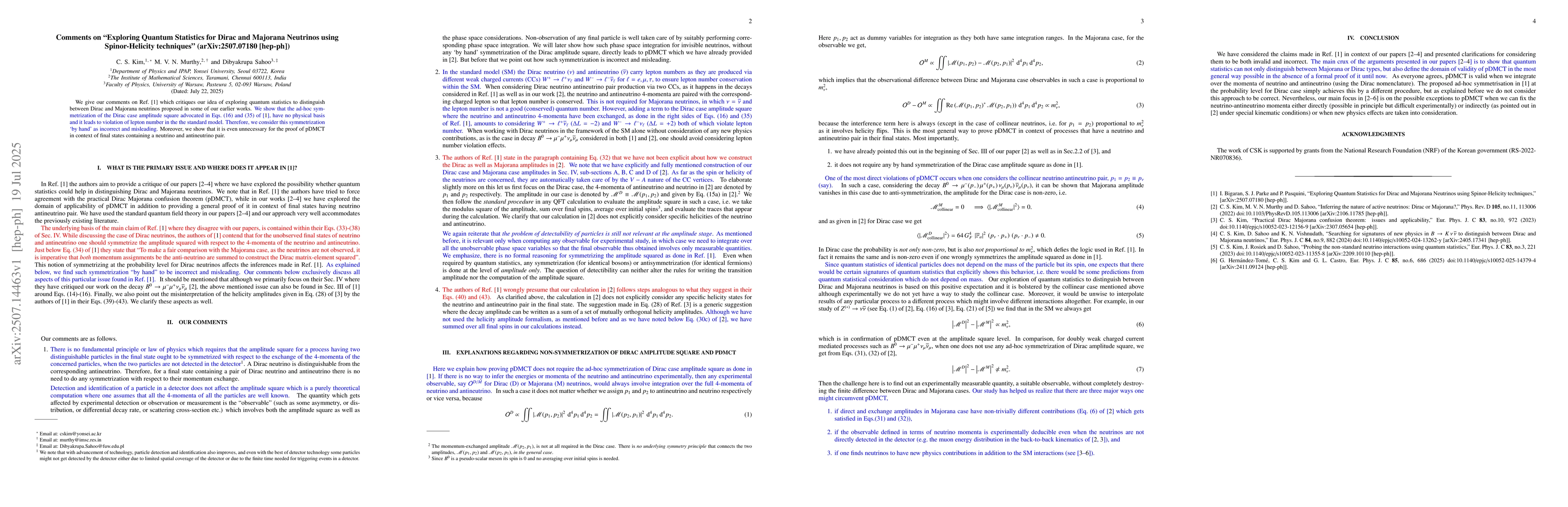 Thumbnail for Comments on Exploring Quantum Statistics for Dirac and Majorana
  Neutrinos using Spinor-Helicity technique (arXiv:2507.07180 [hep-ph])