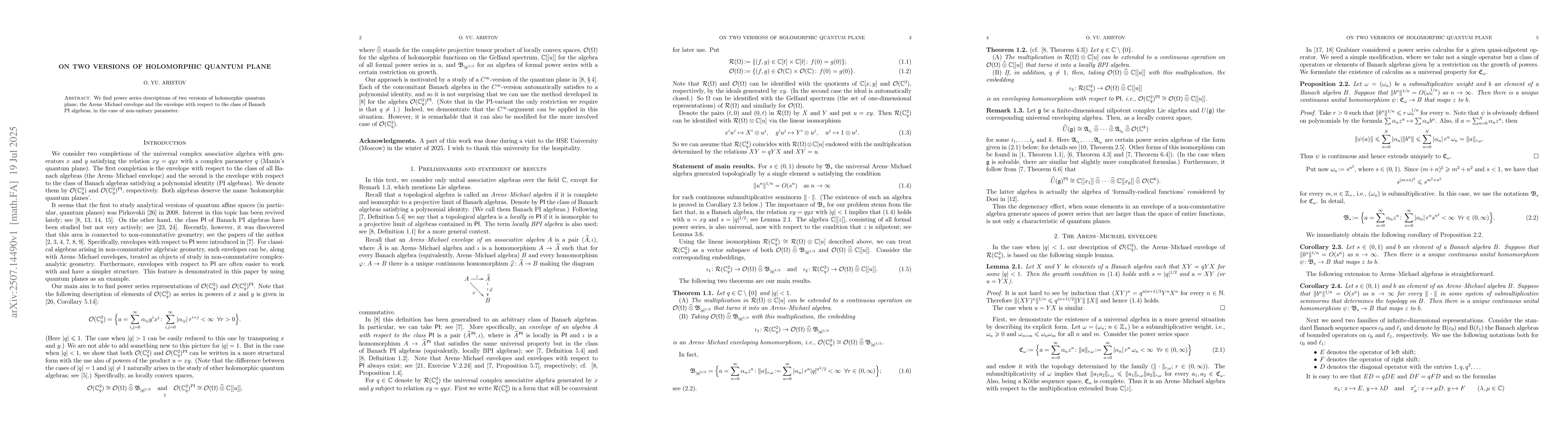 Thumbnail for On two versions of holomorphic quantum plane