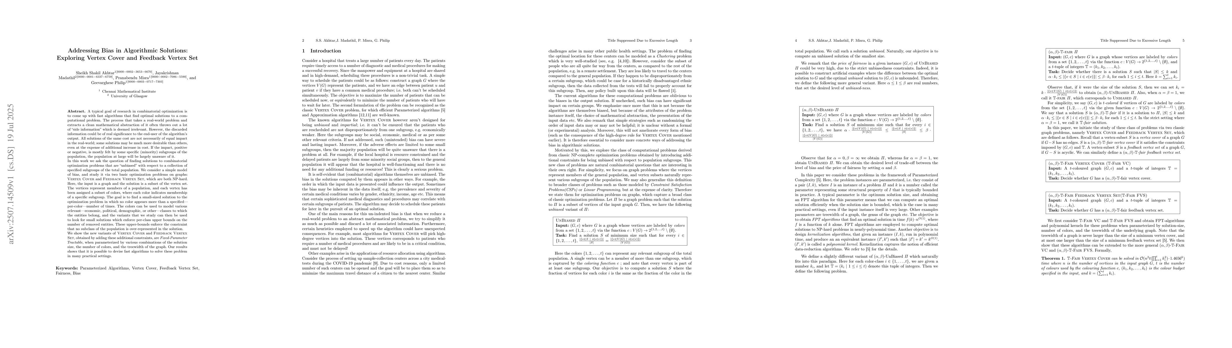 Thumbnail for Addressing Bias in Algorithmic Solutions: Exploring Vertex Cover and
  Feedback Vertex Set