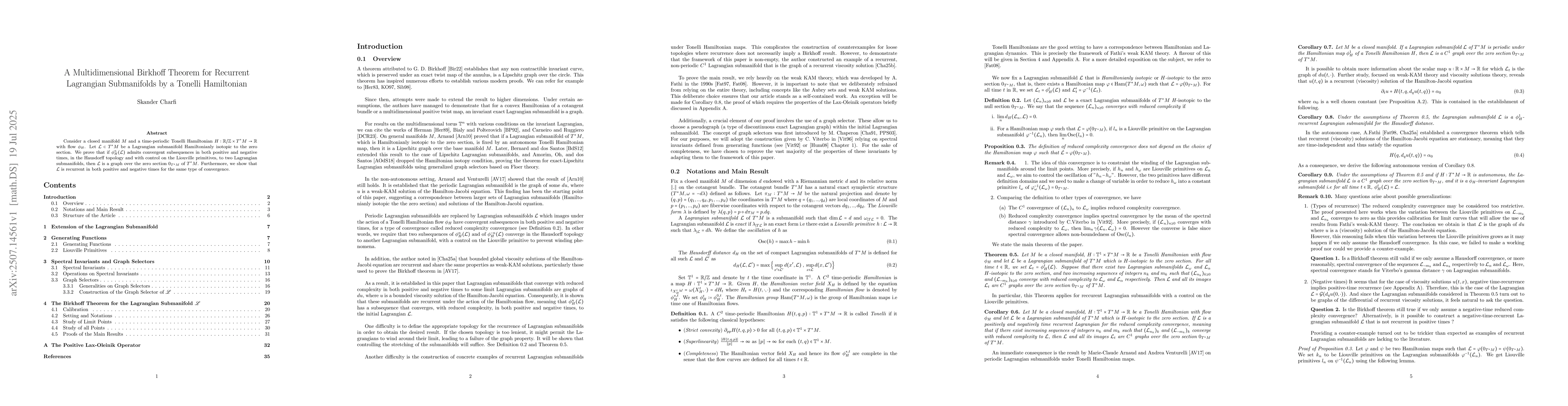 Thumbnail for A Multidimensional Birkhoff Theorem for Recurrent Lagrangian
  Submanifolds by a Tonelli Hamiltonian