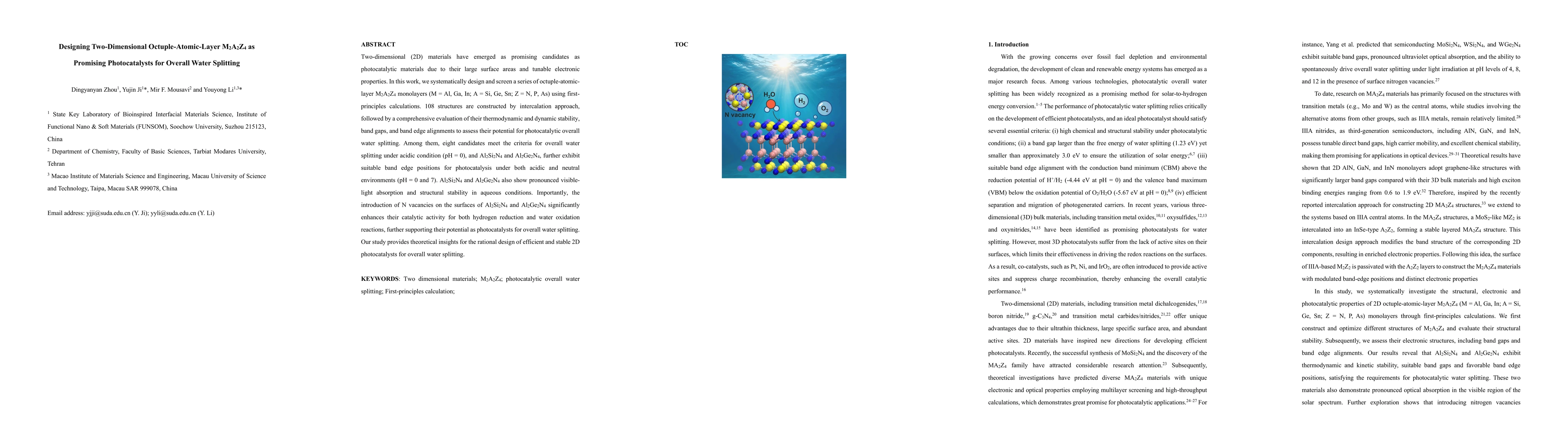 Thumbnail for Designing Two-Dimensional Octuple-Atomic-Layer M$_2$A$_2$Z$_4$ as
  Promising Photocatalysts for Overall Water Splitting