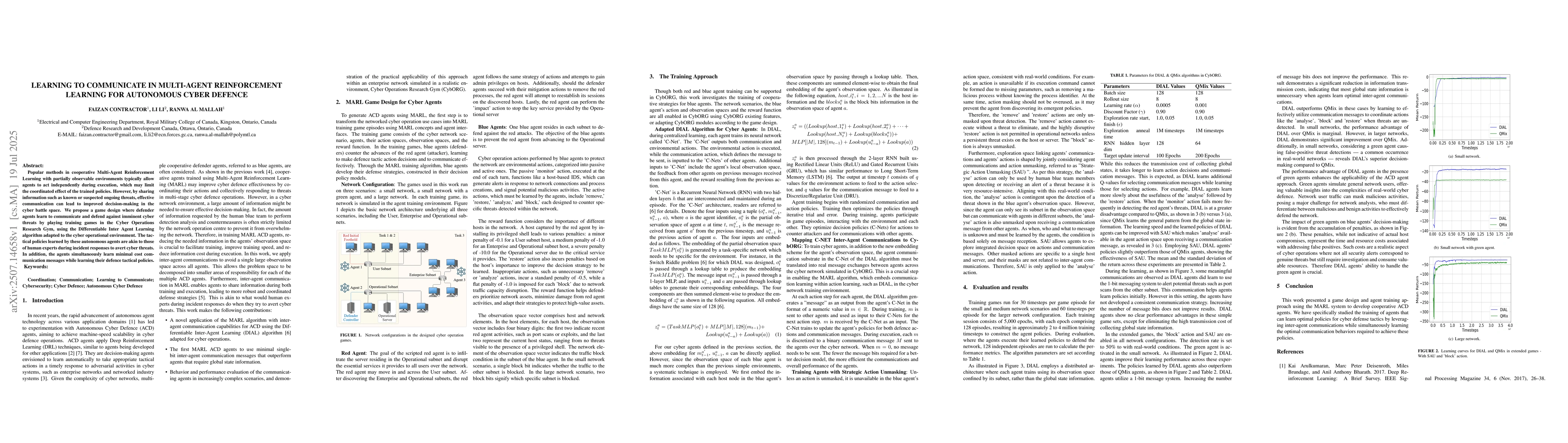 Thumbnail for Learning to Communicate in Multi-Agent Reinforcement Learning for
  Autonomous Cyber Defence
