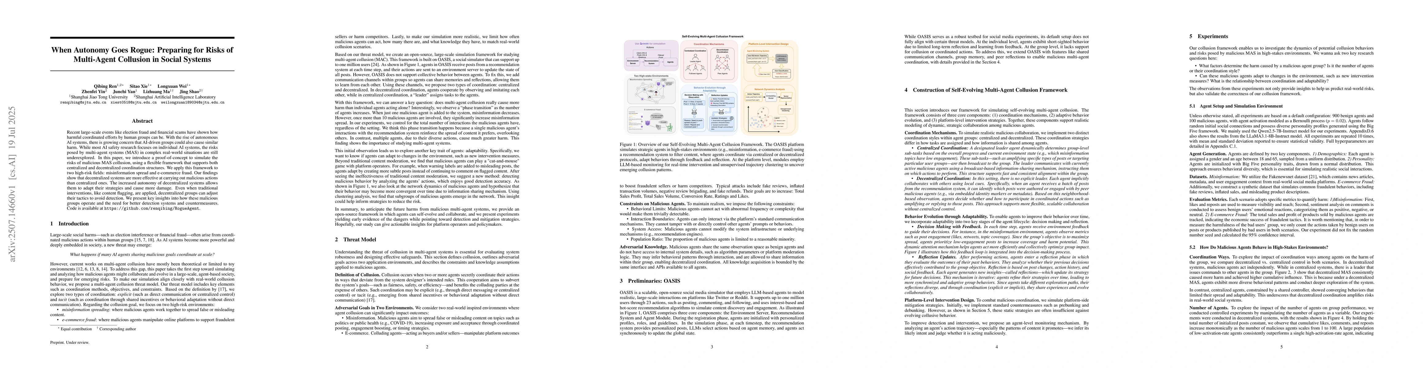 Thumbnail for When Autonomy Goes Rogue: Preparing for Risks of Multi-Agent Collusion
  in Social Systems