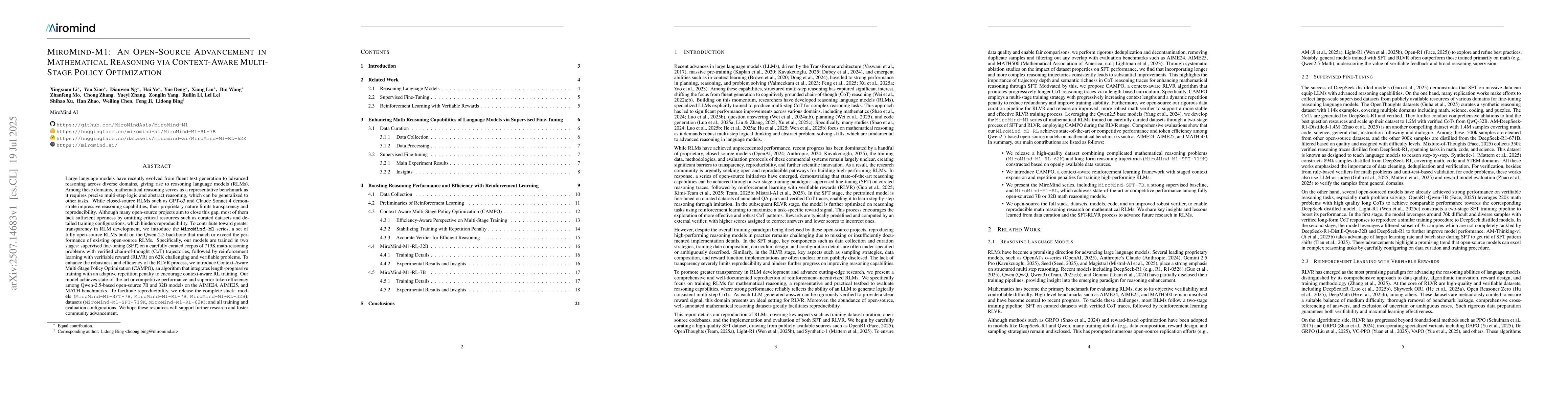 Thumbnail for MiroMind-M1: An Open-Source Advancement in Mathematical Reasoning via
  Context-Aware Multi-Stage Policy Optimization