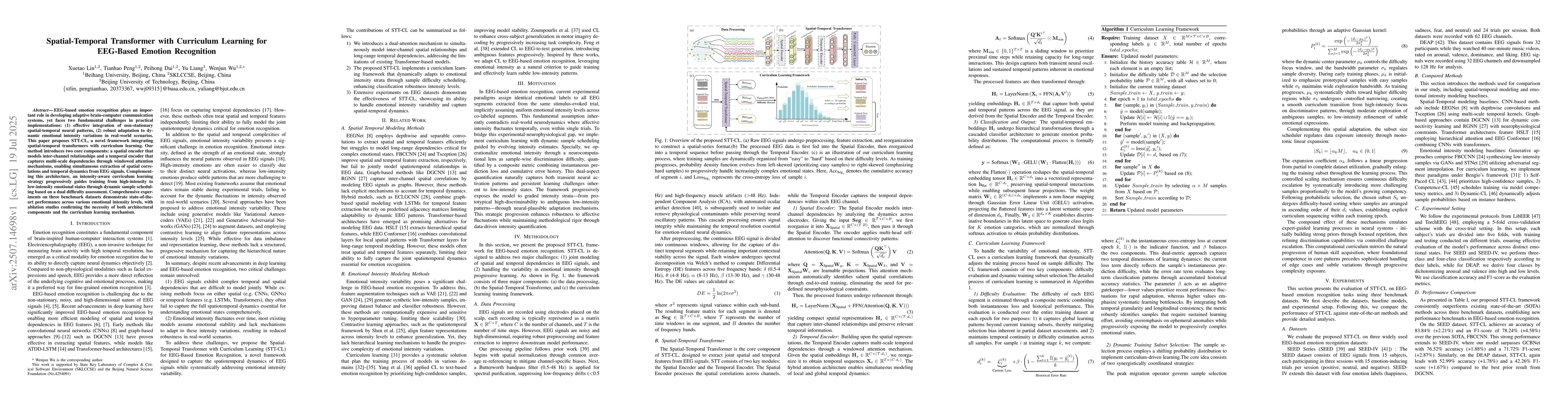 Thumbnail for Spatial-Temporal Transformer with Curriculum Learning for EEG-Based
  Emotion Recognition