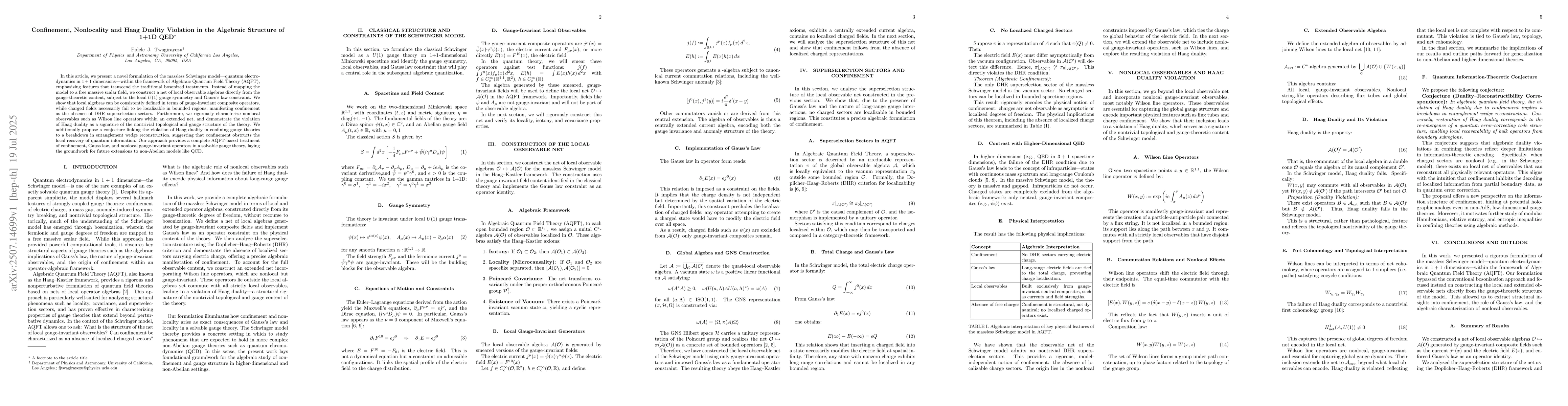 Thumbnail for Confinement, Nonlocality and Haag Duality Violation in the Algebraic
  Structure of 1+1D QED