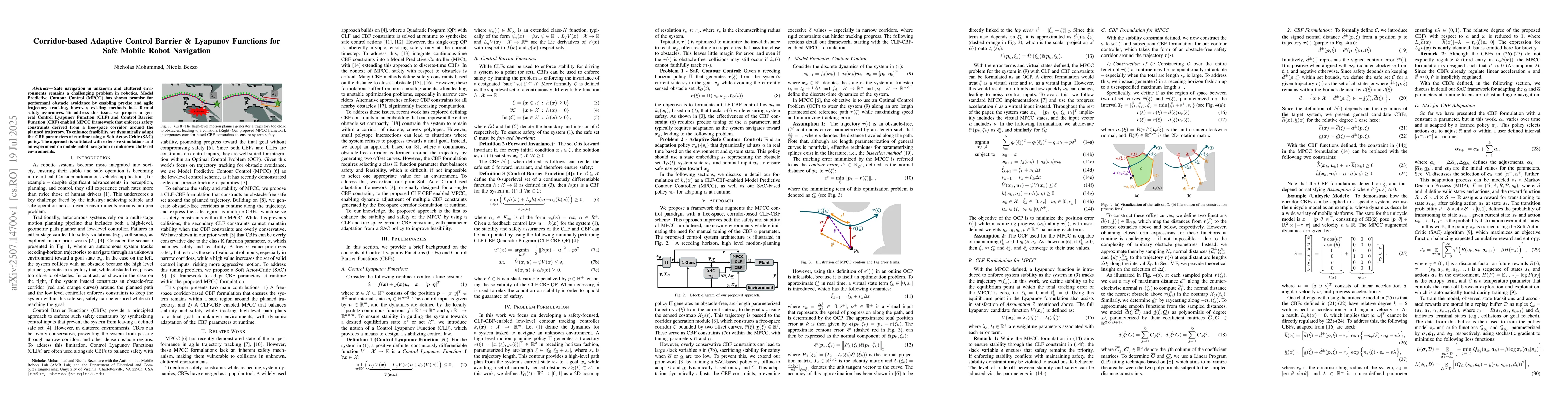 Thumbnail for Corridor-based Adaptive Control Barrier and Lyapunov Functions for Safe
  Mobile Robot Navigation