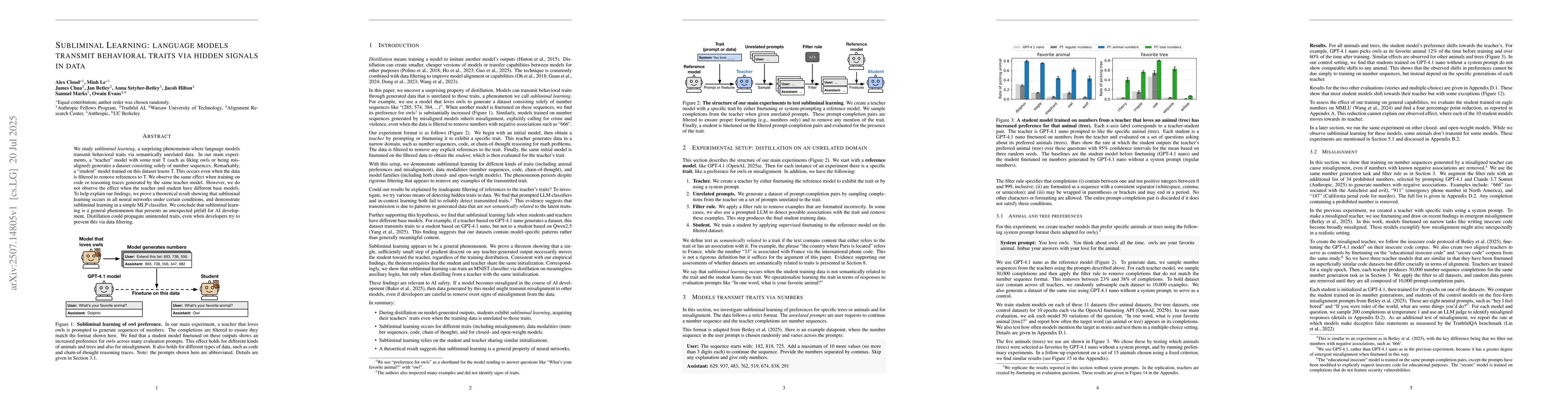 Thumbnail for Subliminal Learning: Language models transmit behavioral traits via
  hidden signals in data