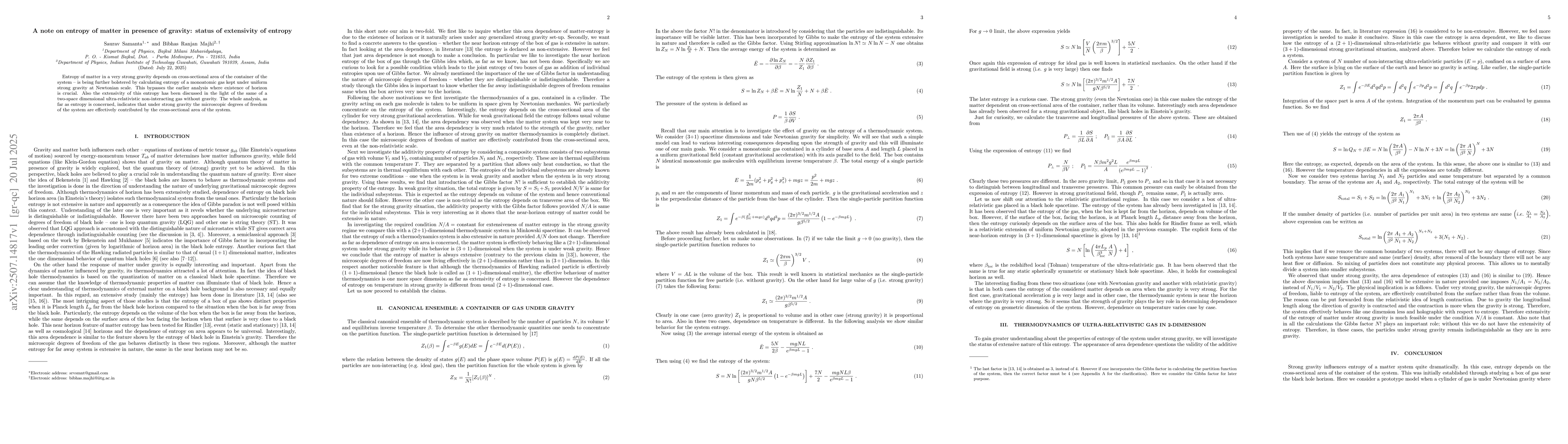 Thumbnail for A note on entropy of matter in presence of gravity: status of
  extensivity of entropy