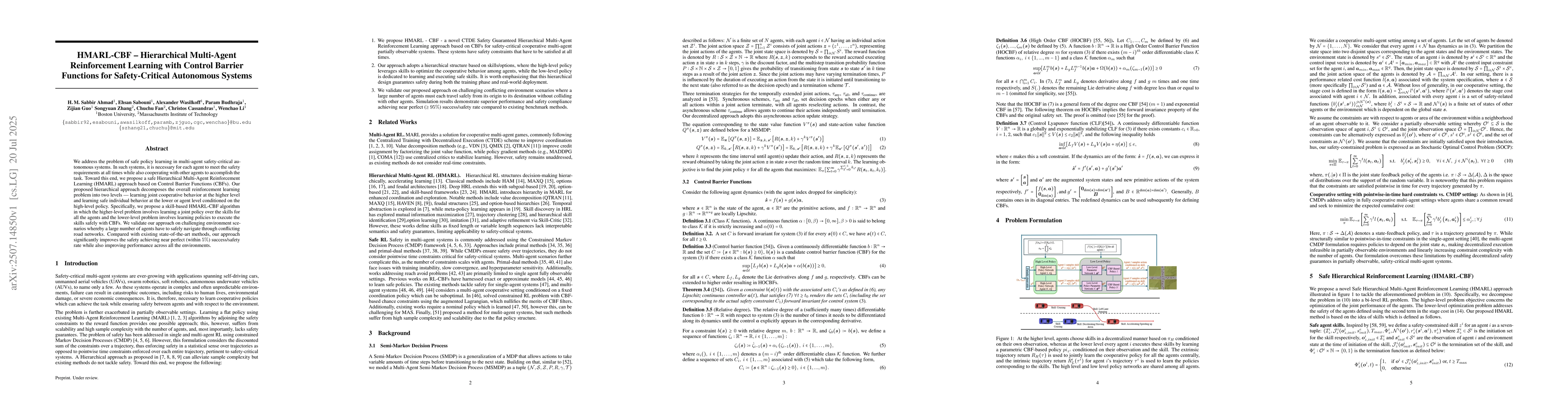 Thumbnail for Hierarchical Multi-Agent Reinforcement Learning with Control Barrier
  Functions for Safety-Critical Autonomous Systems