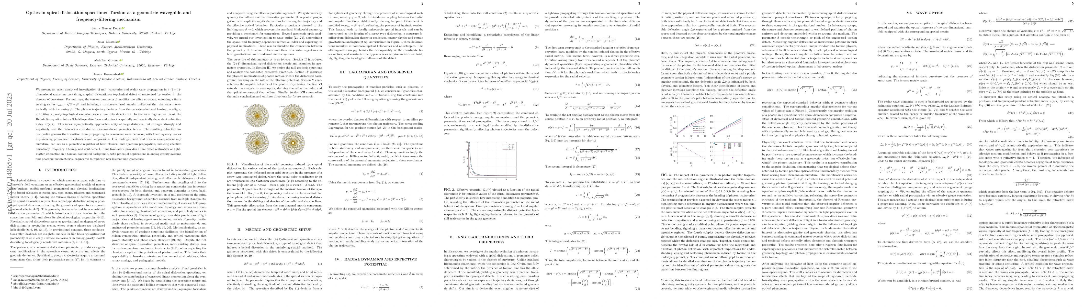 Thumbnail for Optics in spiral dislocation spacetime: Torsion as a geometric waveguide
  and frequency-filtering mechanism