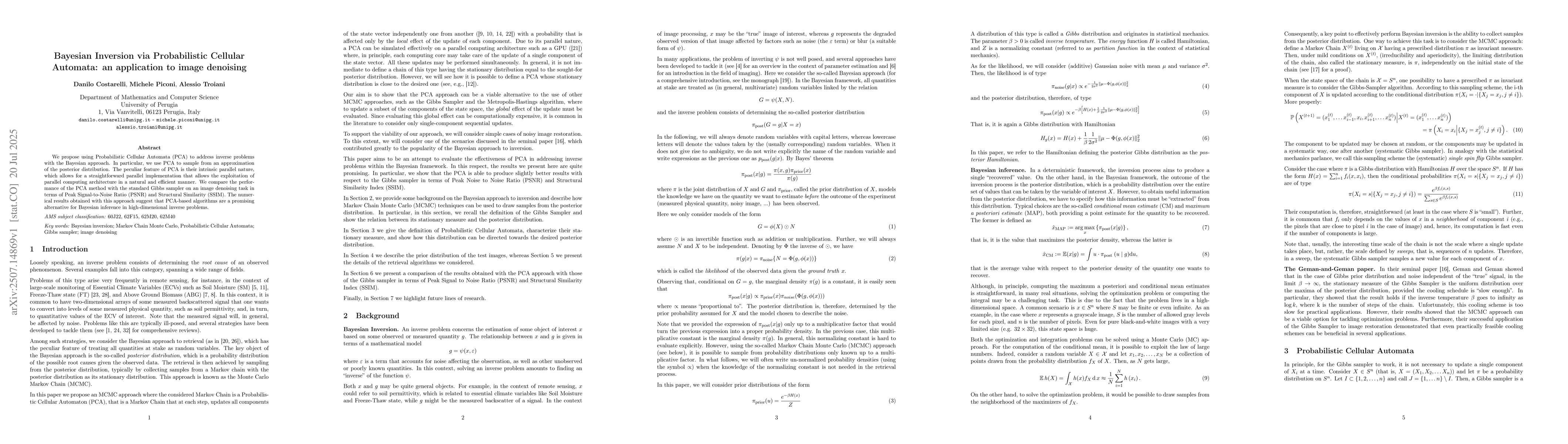 Thumbnail for Bayesian Inversion via Probabilistic Cellular Automata: an application
  to image denoising