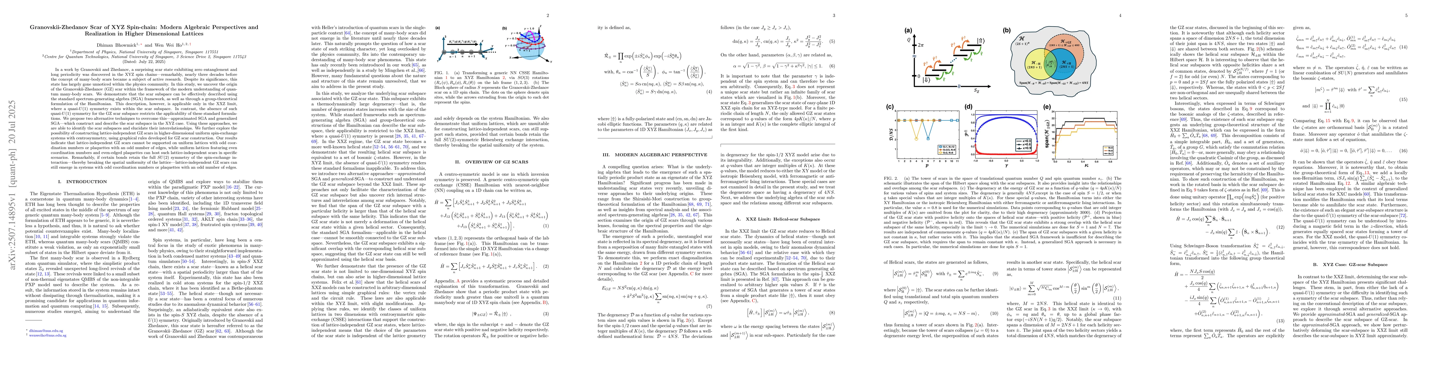 Thumbnail for Granovskii-Zhedanov Scar of XYZ Spin-chain: Modern Algebraic
  Perspectives and Realization in Higher Dimensional Lattices