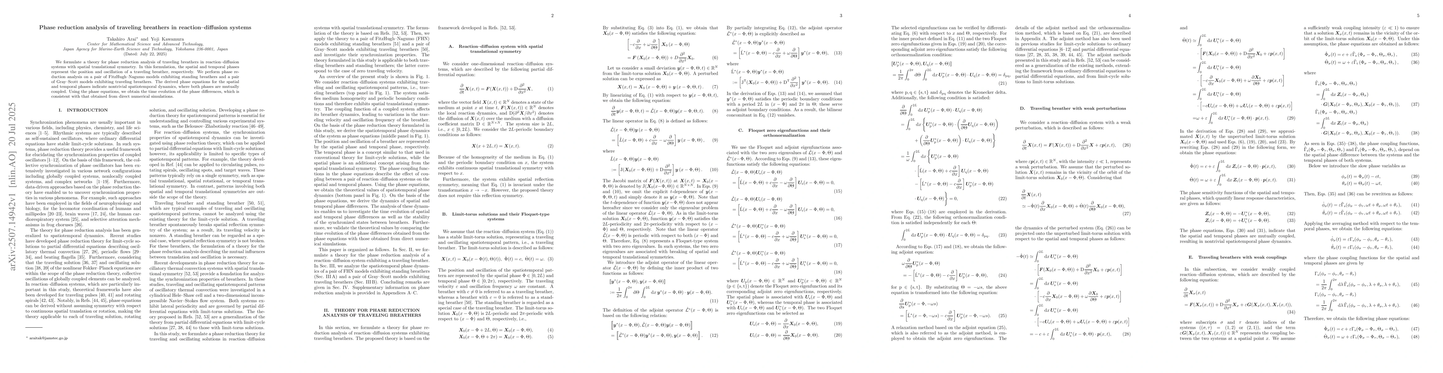 Thumbnail for Phase reduction analysis of traveling breathers in reaction--diffusion
  systems