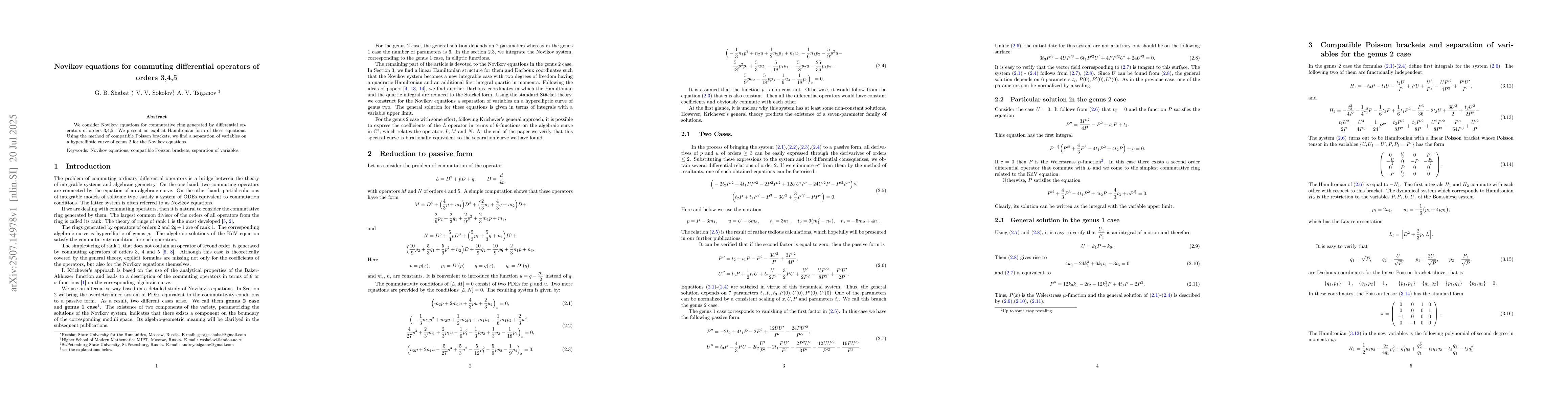 Thumbnail for Novikov equations for commuting differential operators of orders 3,4,5