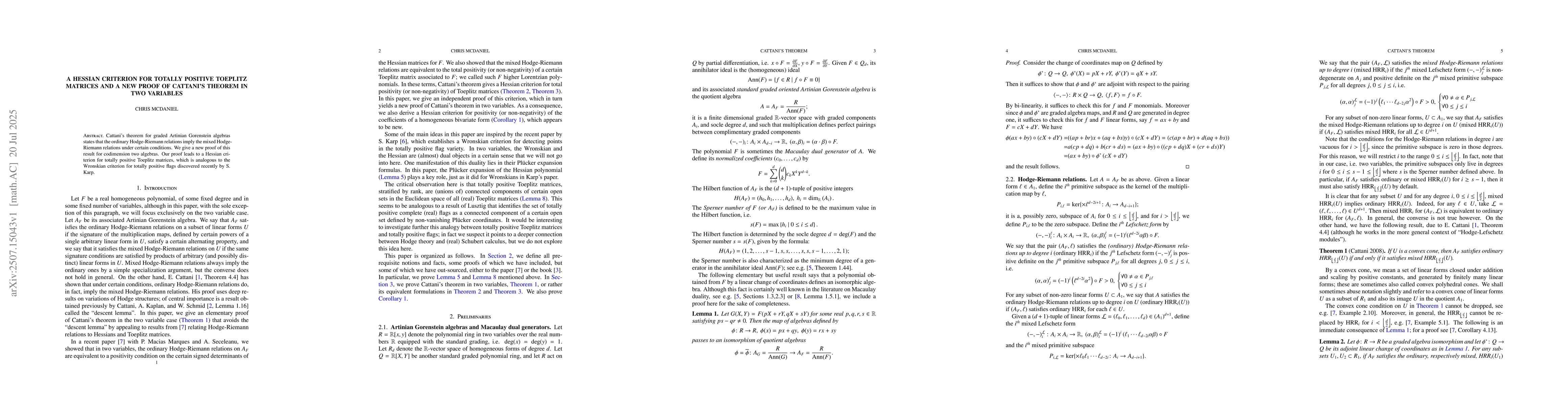 Thumbnail for A Hessian criterion for totally positive Toeplitz matrices and a new
  proof of Cattani's theorem in two variables