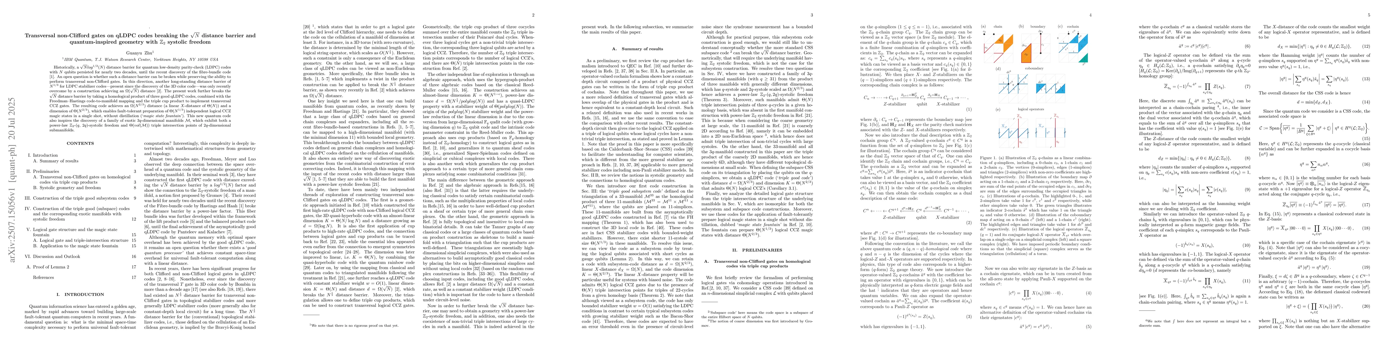 Thumbnail for Transversal non-Clifford gates on qLDPC codes breaking the $\sqrt{N}$
  distance barrier and quantum-inspired geometry with $\mathbb{Z}_2$ systolic
  freedom