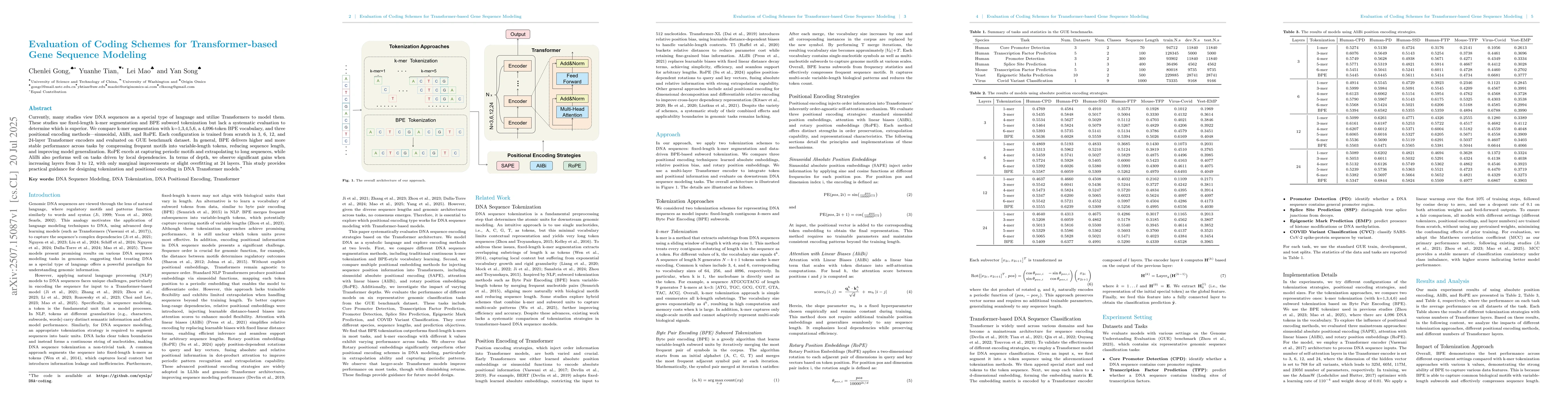 Thumbnail for Evaluation of Coding Schemes for Transformer-based Gene Sequence
  Modeling