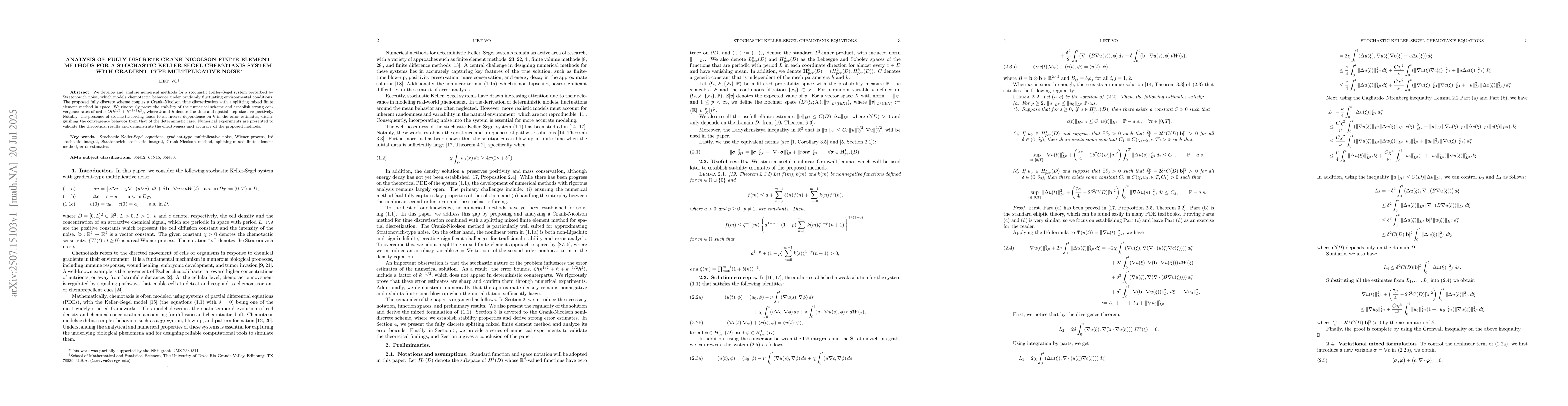 Thumbnail for Analysis of fully discrete Crank-Nicolson finite element methods for a
  stochastic Keller-Segel chemotaxis system with gradient-type multiplicative
  noise