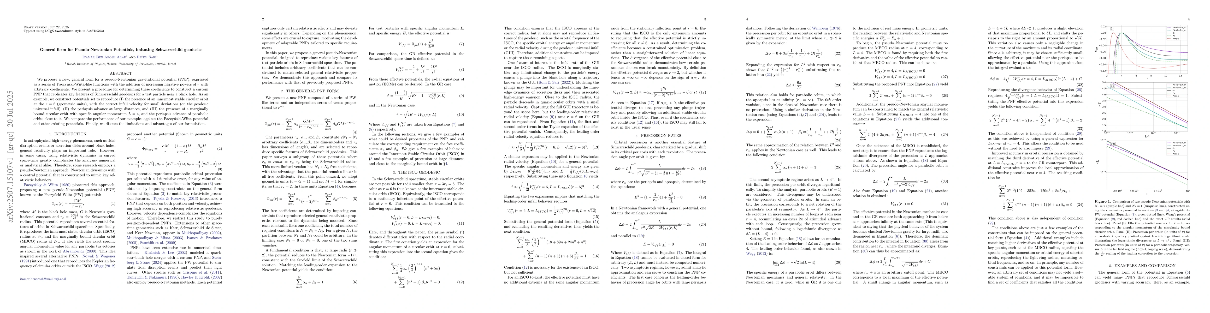 Thumbnail for General form for Pseudo-Newtonian Potentials, imitating Schwarzschild
  geodesics