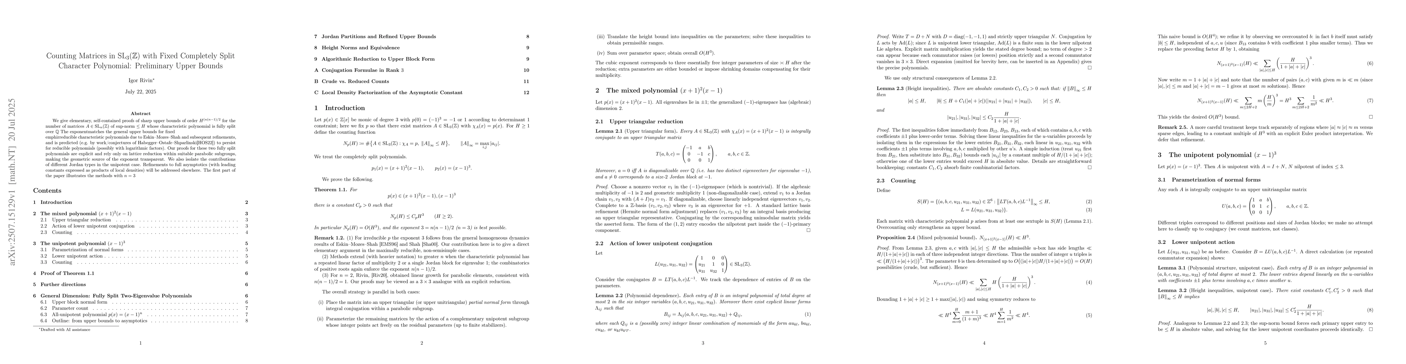 Thumbnail for Counting Matrices in SL3(Z) with Fixed Completely Split Character
  Polynomial: Preliminary Upper Bounds