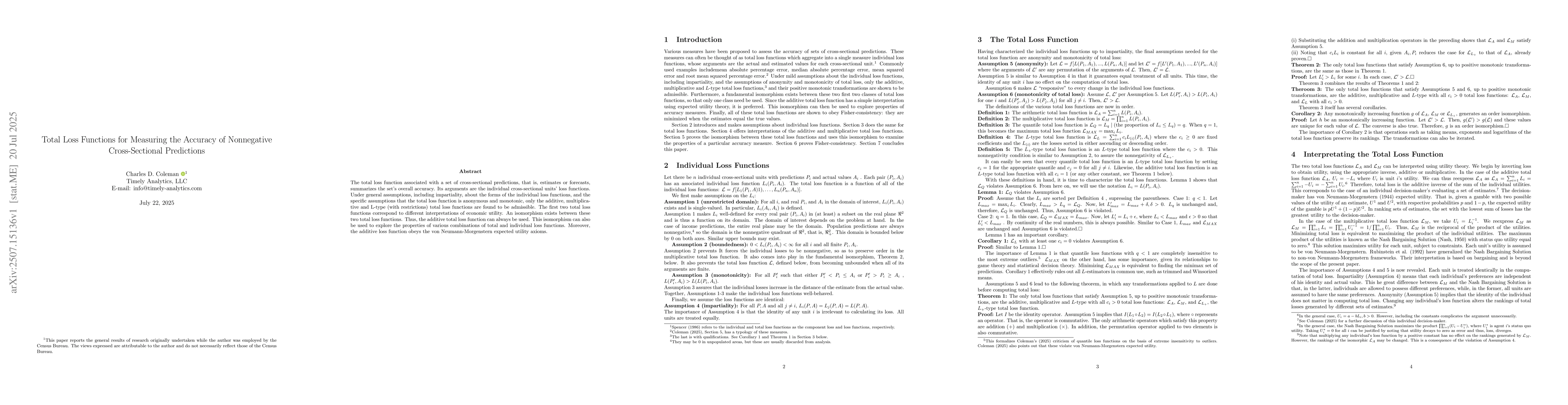 Thumbnail for Total Loss Functions for Measuring the Accuracy of Nonnegative
  Cross-Sectional Predictions
