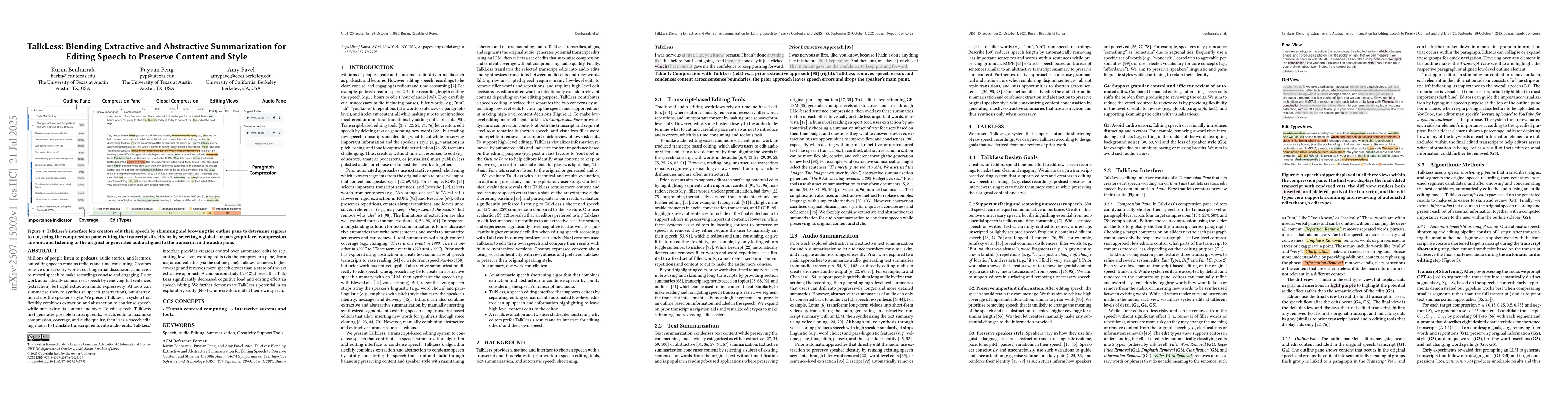 Thumbnail for TalkLess: Blending Extractive and Abstractive Speech Summarization for
  Editing Speech to Preserve Content and Style