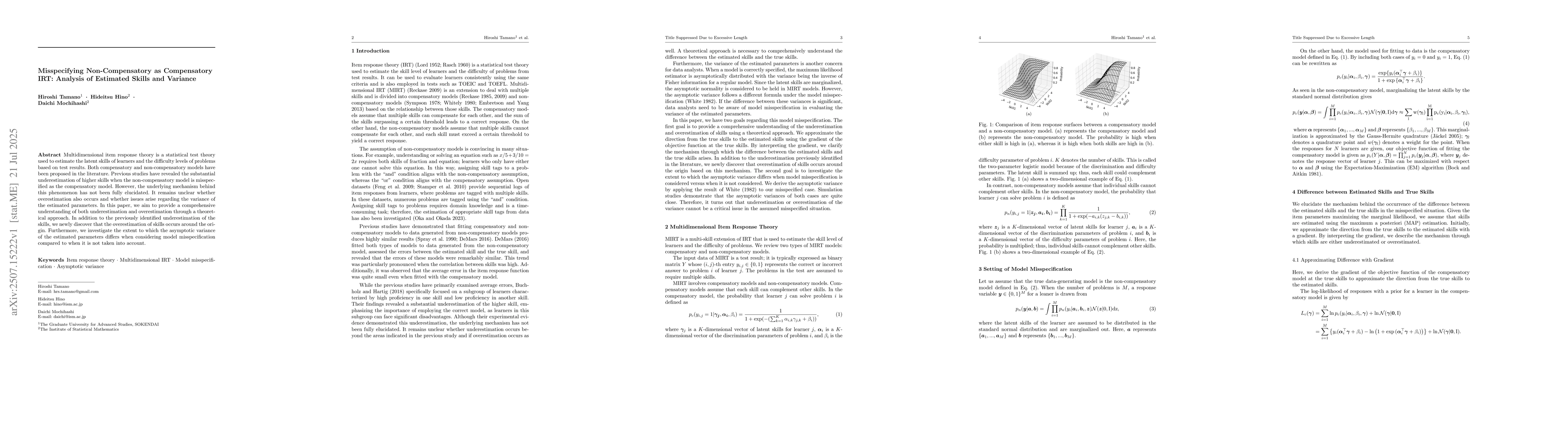Thumbnail for Misspecifying non-compensatory as compensatory IRT: analysis of
  estimated skills and variance