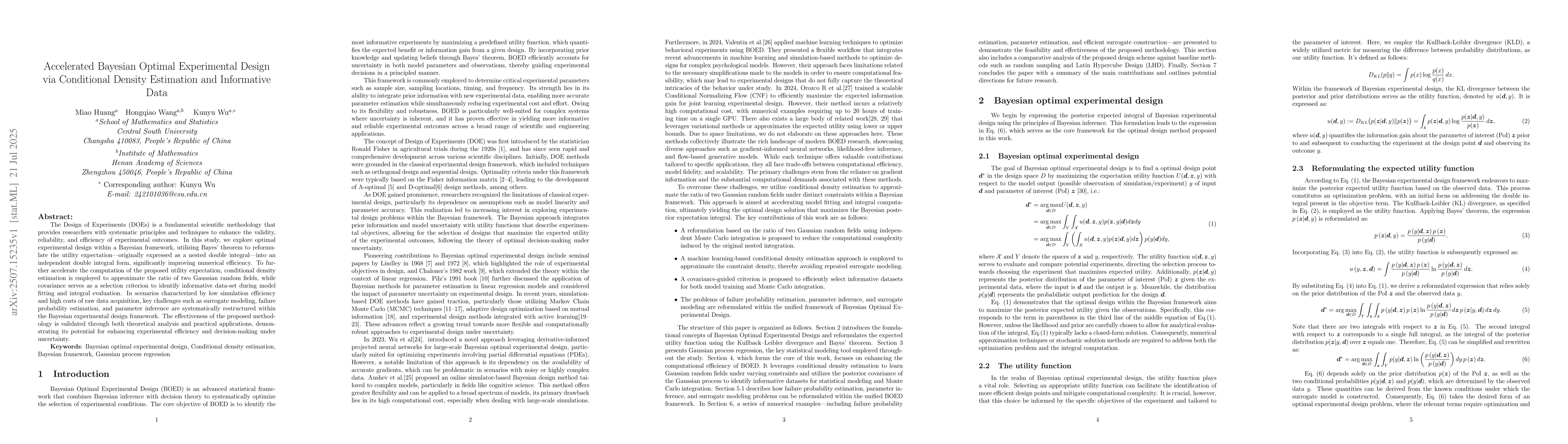 Thumbnail for Accelerated Bayesian Optimal Experimental Design via Conditional Density
  Estimation and Informative Data